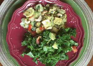Asian flax tempeh stir fry with kale salad